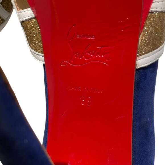 Christian Louboutin Navy Suede & Gold Glitter Platform Red Sole Heels, 39 / 8.5 - Picture 6 of 6